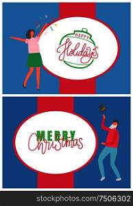 Holidays merry Christmas greeting and celebration of people vector. Man and woman having fun, dancing and throwing hat with mistletoe symbiotic plant. Holidays Merry Christmas Greeting and Celebration