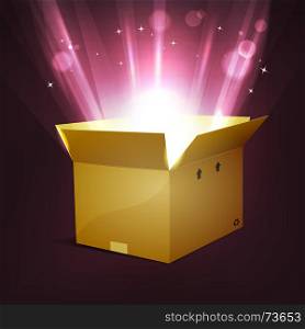 Holidays Shining Magic Present . Illustration of a cartoon cardboard package, for christmas or birthday holidays, with shiny bright magic light rays rising from the box, stars and light blurs effect