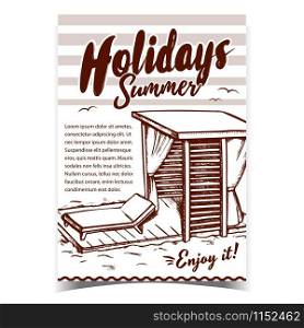 Holidays Summer Beach Advertising Poster Vector. Deck Chair And Wooden Canopy On Beach. Comfortable And Modern, Elegance And Luxurious Lounge Place Designed In Vintage Style Illustration. Holidays Summer Beach Advertising Poster Vector