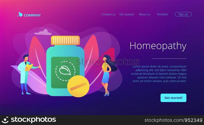 Holistic healing. Natural remedy for illness treatment. Medicine practice. Homeopathy, homeopathic medicine, system of alternative medicine concept. Website homepage landing web page template.. Homeopathy concept landing page