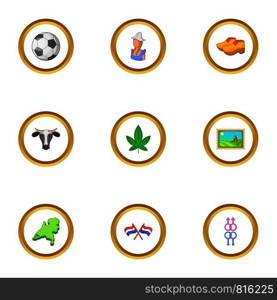 Holland icons set. Cartoon style set of 9 Holland vector icons for web design. Holland icons set, cartoon style