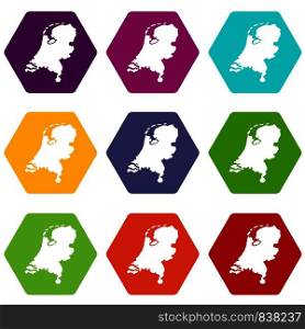 Holland map icon set many color hexahedron isolated on white vector illustration. Holland map icon set color hexahedron