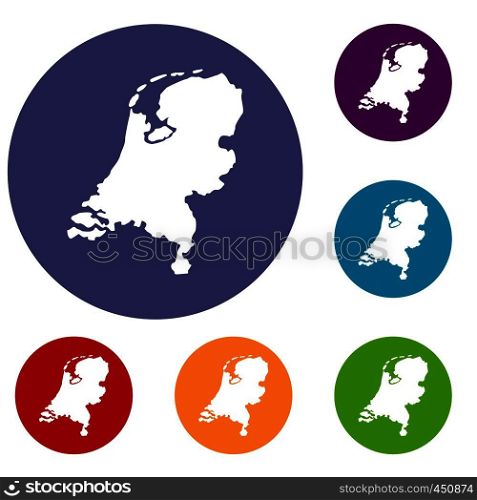 Holland map icons set in flat circle reb, blue and green color for web. Holland map icons set