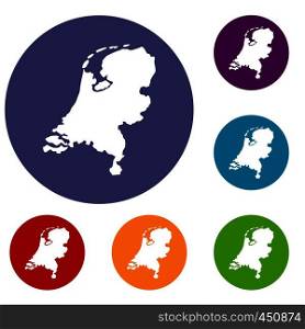 Holland map icons set in flat circle reb, blue and green color for web. Holland map icons set