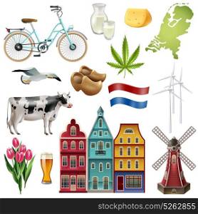 Holland Netherlands Travel Icon Set. Holland netherlands travel icon set with most beautiful and popular attractions of the country vector illustration