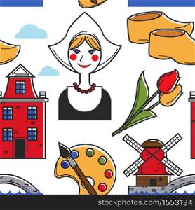 Holland or Netherlands symbols seamless pattern vector nun woman and clogs footwear tulip flower and palette with paintbrush endless texture mill and bridge town house nature and architecture or art. Netherlands symbols seamless pattern Holland traditions