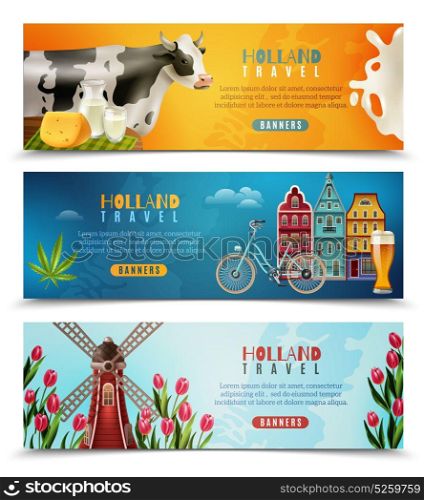 Holland Travel Horizontal Banners Set. Holland culture for travelers with dutch houses milk cow and windmill with tulips banners set isolated vector illustration
