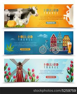 Holland Travel Horizontal Banners Set. Holland culture for travelers with dutch houses milk cow and windmill with tulips banners set isolated vector illustration