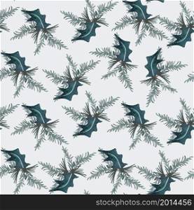 Holly and fir watercolor seamless pattern on grey art design stock vector illustration