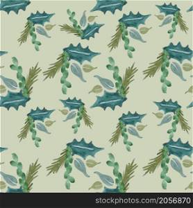Holly and fir watercolor seamless pattern on grey art design stock vector illustration