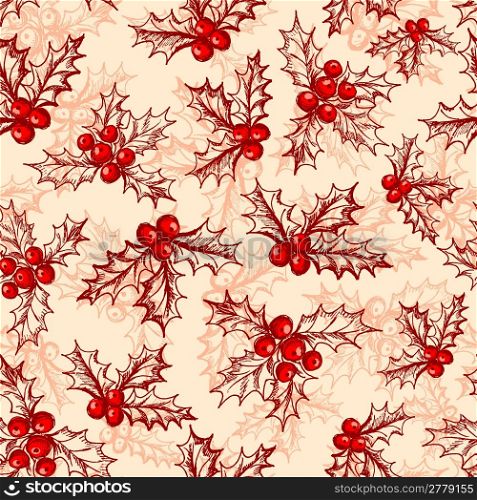 Holly berry. Seamless pattern with hand drawn elements