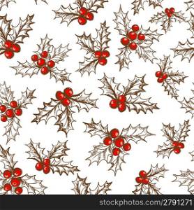Holly berry. Seamless pattern with hand drawn elements