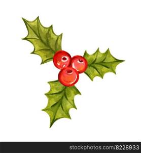 Holly branch hand-drawn watercolor vector illustration. Christmas Holly berries, a symbol of Christmas. Holly branch watercolor vector illustration