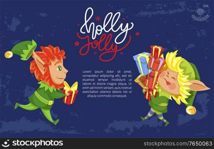 Holly greeting postcard with elf fairy character holding present. Winter holiday postcard helper with gift box and text template. Xmas assistant with greeting package and festive wish vector. Christmas Greeting Card and Elf with Gift Vector