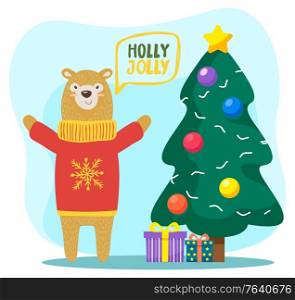 Holly jolly christmas greeting card with animal and pine tree. Xmas and winter holidays celebration. Bear wearing knitted sweater with snowflake ornament. Spruce with presents and gifts vector. Holly Jolly Christmas Holidays Congratulations