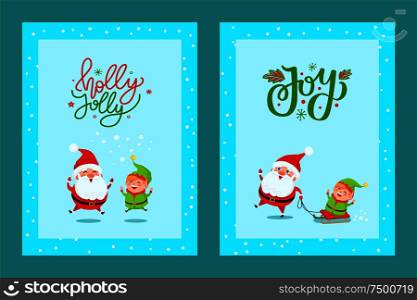 Holly Jolly cute greeting card with Santa and Elf. Lovely vector clipart of Saint Nicholas and dwarf sledding, having fun depicted in turquoise color. Holly Jolly Cute Greeting Card with Santa and Elf