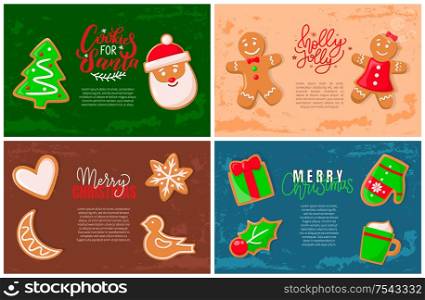Holly jolly gingerbread man, Santa Claus cookie vector. Presents with bow shape, bird and stars, moon and heart, pine and mistletoe mitten and mug. Holly Jolly Gingerbread Man, Santa Claus Cookie