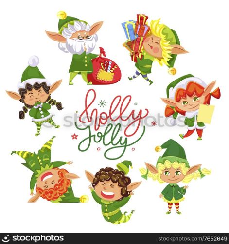 Holly jolly greeting card for christmas holidays celebration. Isolated set of elves and calligraphic inscription. Girls and boys, small kids wearing green costumes and traditional hats, vector. Holly Jolly Christmas Elves Circle Greeting Card