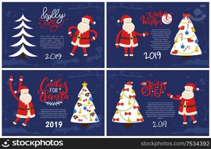 Holly Jolly greeting card with Santa pointing on tree. Merry Christmas and Happy New Year 2019 wishes, Xmas abstract spruces, holiday vector postcards. Holly Jolly Greeting Cards, Santa Pointing on Tree