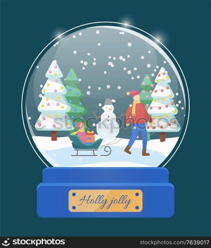 Holly jolly, isolated christmas toy with people and snowing weather. Kid on sledges with gift and father walking in park. Pine tree with garlands and baubles. Magical sphere winter street vector. Holly Jolly Snow Globe with Dad and Kid on Sled