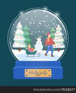 Holly jolly, isolated christmas toy with people and snowing weather. Kid on sledges with gift and father walking in park. Pine tree with garlands and baubles. Magical sphere winter street vector. Holly Jolly Snow Globe with Dad and Kid on Sled