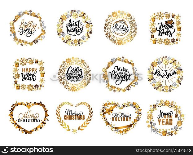 Holly Jolly, Merry Christmas, New Year, Happy Holidays and warm wishes, cookies for Santa lettering text, Xmas greeting cards with ornamental golden frames and heart form. Holly Jolly Quote Merry Christmas New Year Holiday