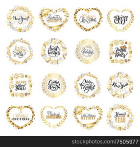 Holly Jolly, Merry Christmas, New Year, Happy Holidays and warm wishes, cookies for Santa lettering text, Xmas greeting cards with ornamental golden frames and heart form on white background. Holly Jolly Quote Merry Christmas New Year Holiday