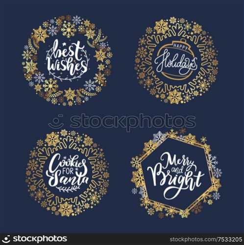 Holly Jolly, Merry Christmas, New Year, Happy Holidays and warm wishes, cookies for Santa lettering white text, Xmas greeting cards with ornamental golden frames on black background. Holly Jolly Quote Merry Christmas New Year Holiday