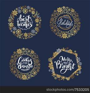 Holly Jolly, Merry Christmas, New Year, Happy Holidays and warm wishes, cookies for Santa lettering white text, Xmas greeting cards with ornamental golden frames on black background. Holly Jolly Quote Merry Christmas New Year Holiday