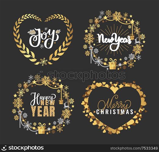 Holly Jolly, Merry Christmas, New Year, Happy Holidays and warm wishes, cookies for Santa lettering white text, Xmas greeting cards with ornamental golden frames and heart form on black background. Holly Jolly Quote Merry Christmas New Year Holiday