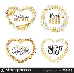 Holly Jolly, Merry Christmas, New Year, Happy Holidays and warm wishes, cookies for Santa lettering text, Xmas greeting cards with ornamental golden frames and heart form on white background. Holly Jolly Quote Merry Christmas New Year Holiday