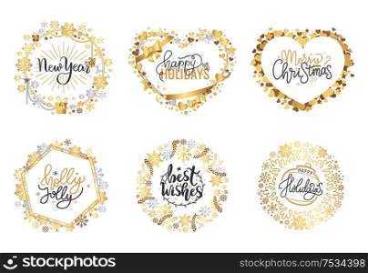 Holly Jolly, Merry Christmas, New Year, Happy Holidays and warm wishes, cookies for Santa lettering text, Xmas greeting cards with ornamental golden frames and heart form on white background. Holly Jolly Quote Merry Christmas New Year Holiday