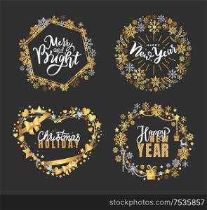 Holly Jolly, Merry Christmas, New Year, Happy Holidays and warm wishes, cookies for Santa lettering white text, Xmas greeting cards with ornamental golden frames and heart form on black background. Holly Jolly Quote Merry Christmas New Year Holiday