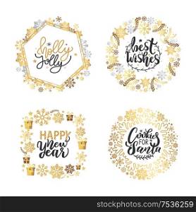 Holly Jolly, Merry Christmas, New Year, Happy Holidays and warm wishes, cookies for Santa lettering text, Xmas greeting cards with ornamental golden frames on white background. Holly Jolly Quote Merry Christmas New Year Holiday