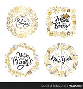 Holly Jolly, Merry Christmas, New Year, Happy Holidays and warm wishes, cookies for Santa lettering text, Xmas greeting cards with ornamental golden frames on white background. Holly Jolly Quote Merry Christmas New Year Holiday