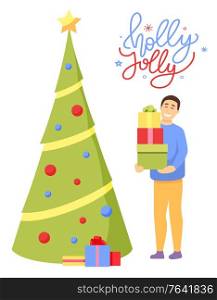Holly jolly pine tree with presents vector, isolated character holding boxes with bows. Celebration of winter holidays, greeting card. Seasonal events xmas tradition of giving gifts flat style. Holly Jolly Christmas and Winter Holidays Vector