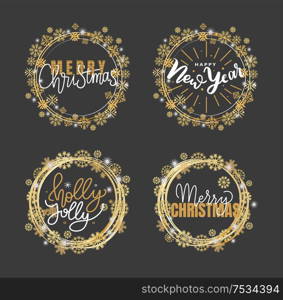 Holly Jolly quote, Merry Christmas and Happy New Year holidays greeting cards design, lettering font, doodles in wreath of snowflakes, winter celebration. Holly Jolly Quote, Merry Christmas, Happy New Year