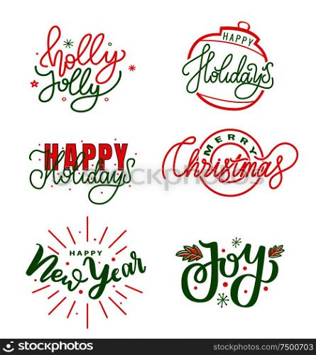Holly Jolly quote, Merry Christmas and Happy New Year, Joys and holidays text for greeting cards design, lettering font, stars and snowflakes, celebration. Holly Jolly Quote, Merry Christmas, Happy New Year