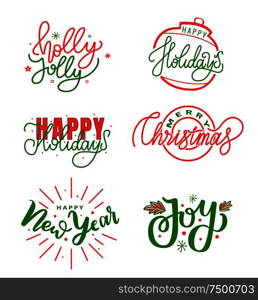 Holly Jolly quote, Merry Christmas and Happy New Year, Joys and holidays text for greeting cards design, lettering font, stars and snowflakes, celebration. Holly Jolly Quote, Merry Christmas, Happy New Year