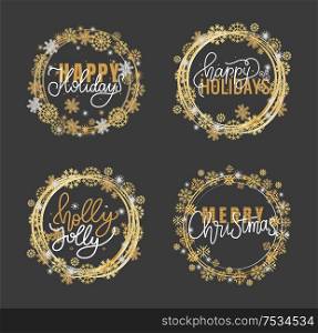 Holly Jolly quote, Merry Christmas, Happy New Year greetings. Lettering doodles in wreath of snowflakes. Black and gold inscription, winter holidays banners. Holly Jolly Quote, Merry Christmas, Happy New Year