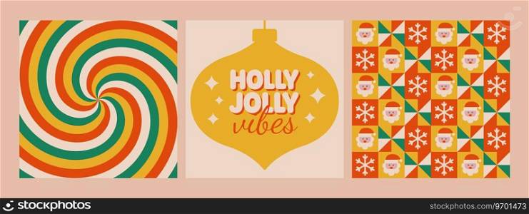 Holly jolly vibes phrase, pattern and twirl background in retro hippie 70s style. Christmas posters. Vector illustration.