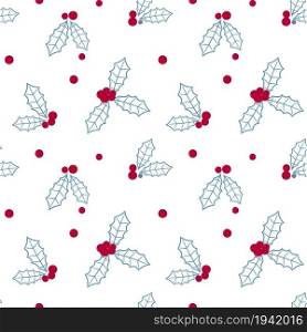 Holly red berries and leaves, seamless christmas pattern. Background with traditional botanical festive elements. Template for wrapping gifts, paper, fabric and wallpaper.. Holly red berries and leaves, seamless christmas pattern.