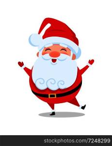 Holly Santa Claus stands on one leg and sing carol songs vector illustration postcard with cartoon character isolated on white background. Holly Santa Claus Stands on One Leg and Sing Carol