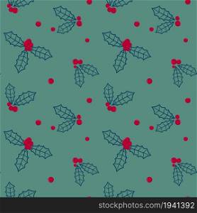 Holly with red berries on a green background seamless christmas pattern. Background with plant leaves. Template for wallpaper, festive packaging, fabric, vector illustration.. Holly with red berries on a green background seamless christmas pattern.