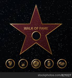Hollywood fame star. Art and famous actor gold star symbol with five award movie categories icons. Celebrity boulevard vector music and film streets popular names design. Hollywood fame star. Art and famous actor gold star symbol with five award movie categories icons. Celebrity boulevard vector design