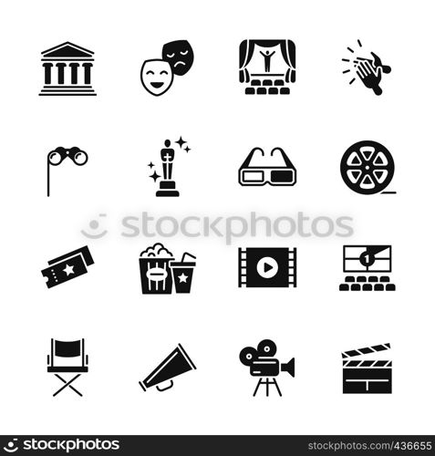 Hollywood movie, theater performance and entertainment vector icons. Camera movie, popcorn and chair illustration. Hollywood movie, theater performance and entertainment vector icons