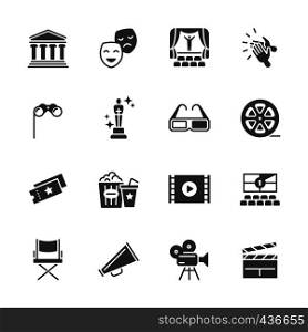 Hollywood movie, theater performance and entertainment vector icons. Camera movie, popcorn and chair illustration. Hollywood movie, theater performance and entertainment vector icons