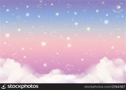 Holograφc fantasy rainbow unicorn background with clouds, hearts and stars. Pastel color sky. Magical landscape, abstract fabulous pattern. Cute candy wallpaper. Vector.. Holograφc fantasy rainbow unicorn background with clouds, hearts and stars. Pastel color sky. Magical landscape, abstract fabulous pattern. Cute candy wallpaper. Vector