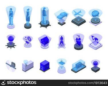 Hologram projection icons set isometric vector. Experience reality. Industry sensor. Hologram projection icons set isometric vector. Experience reality