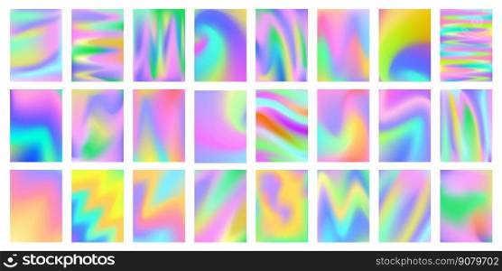 Holographic backgrounds. Holo gradient mesh, iridescent pearl colors and smooth surreal backdrops vector set. Pastel and neon color design abstract collection, colorful texture illustration. Holographic backgrounds. Holo gradient mesh, iridescent pearl colors and smooth surreal backdrops vector set